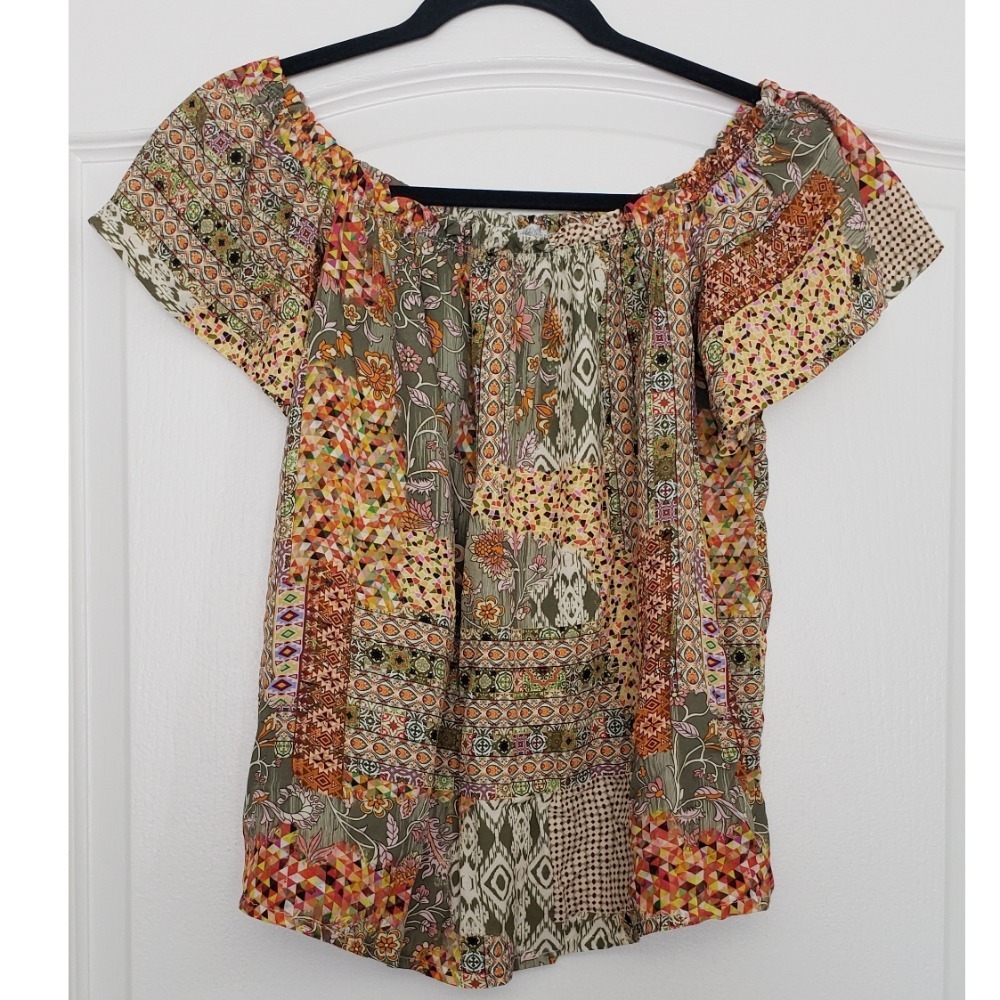 Italian Made‎ Boho Patchwork Print Short Sleeve Blouse Sz S Festival Cottagecore